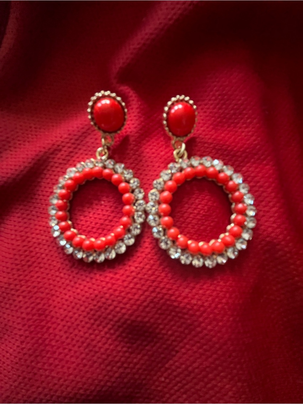 Red Beaded Crystal Hoop Drop Earrings - Women Jewelry